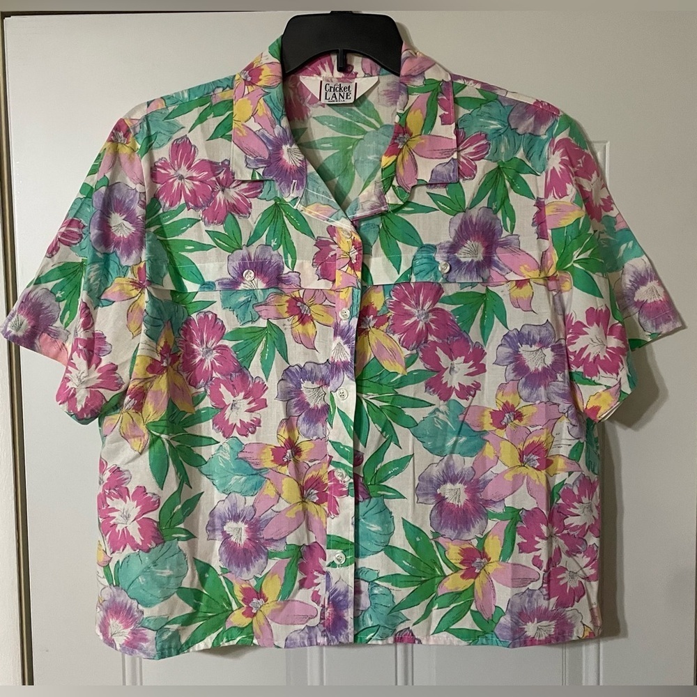 Cricket Lane Vintage Floral Button Down Short Sleeve Blouse Size XL Made in USA